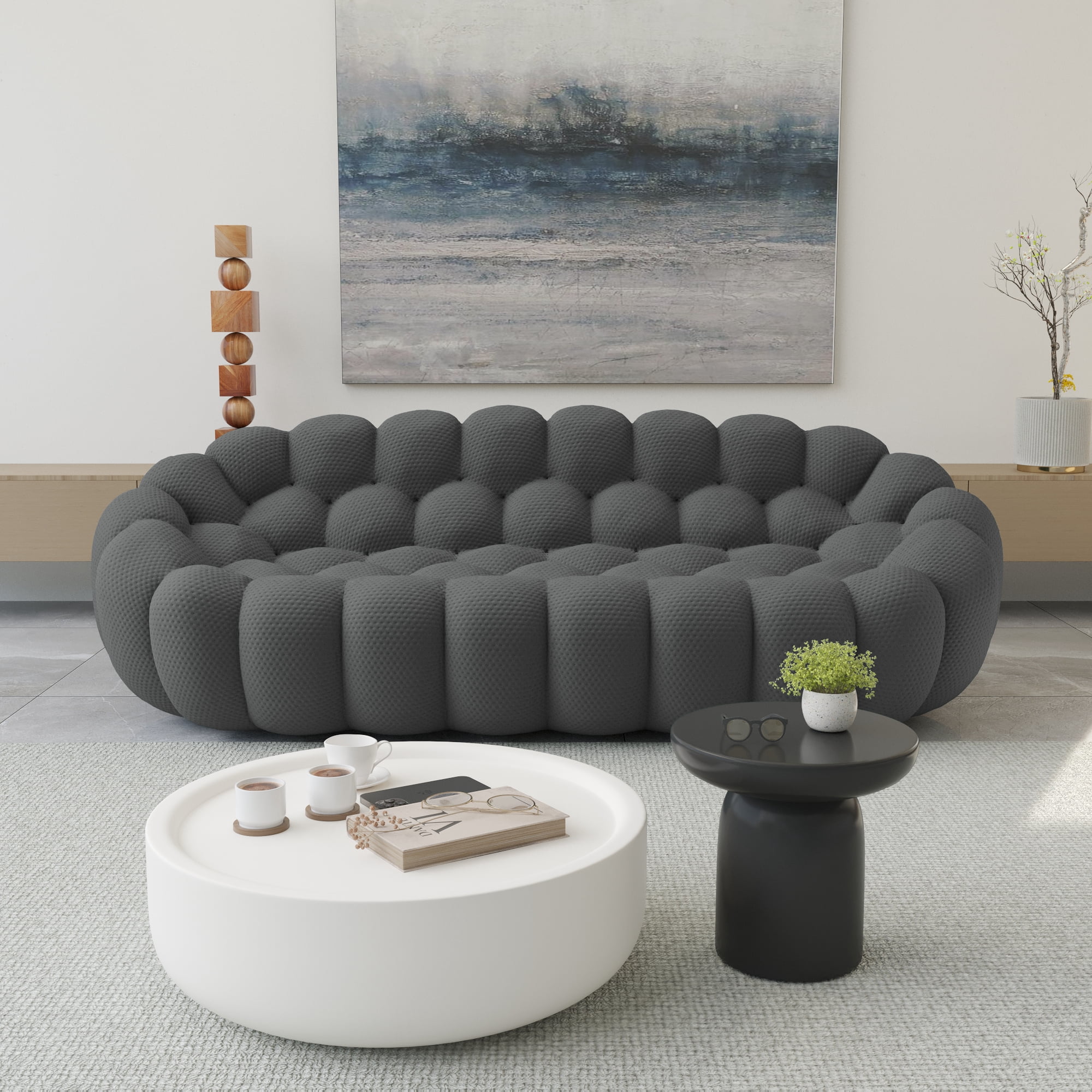 bokifol 98.43"Curved Sofa,3 Seater Modern Upholstered Mesh Fabric Lazy Floor Sofa,3D Honeycomb Shape for Modern Living Room,Office and Apartment(Grey)