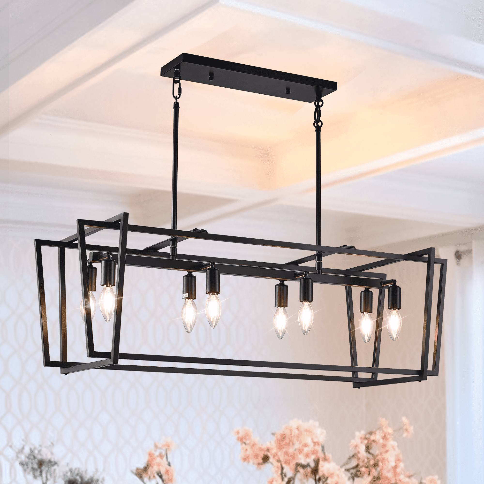 bokifol Black Chandelier,8-Light Farmhouse Chandeliers for Dining Room,Modern Rectangle Kitchen Island Lighting,Dining Room Light Fixtures Over Table