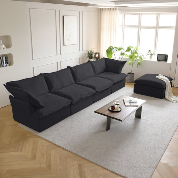 bokifol Comfy Sectional Sofa Cloud Couch Sofa and 4 Seats with Storage Ottomans (L Shape) and Modular Sofa and Easy to Assemble for Living Room,Black