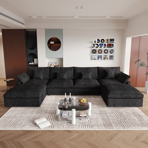 bokifol 156" Oversized U Shape Modular Sectional Sofa with Movable Ottomans,Modern Sectional Sofa for Living Room,Apartment,Office(Black)