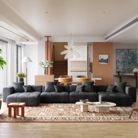 bokifol Large U Shape Cloud Couch,Convertible Modular Sectional Sofa with 2 Removable Ottomans & 6 Pillows,Modern Linen Fabric for Living Room,Black
