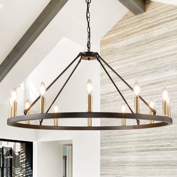 bokifol Modern Black&Gold Wagon Wheel Light Fixtures,6-Light Round Chandelier for High Ceilings,for Kitchen Island,Living Room,Bedroom,Entryway,E12 Base