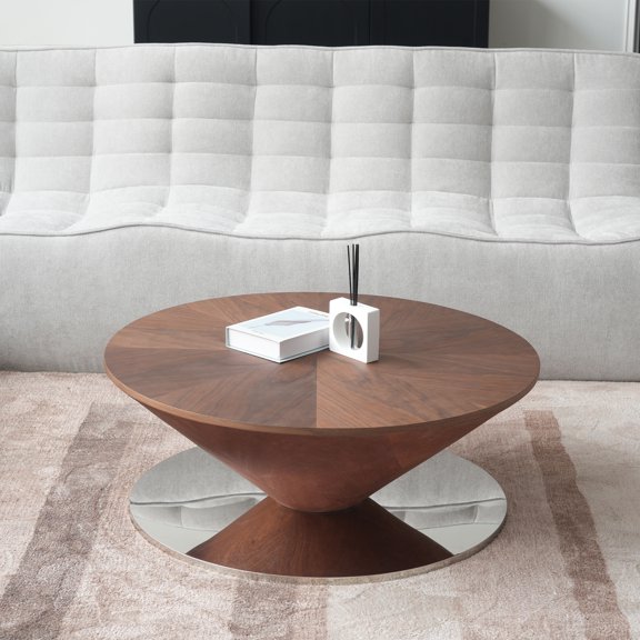bokifol Modern Floating Coffee Table, 35.43'' Round Coffee Table with Storage& Temper Glass Surface (Black Walnut)