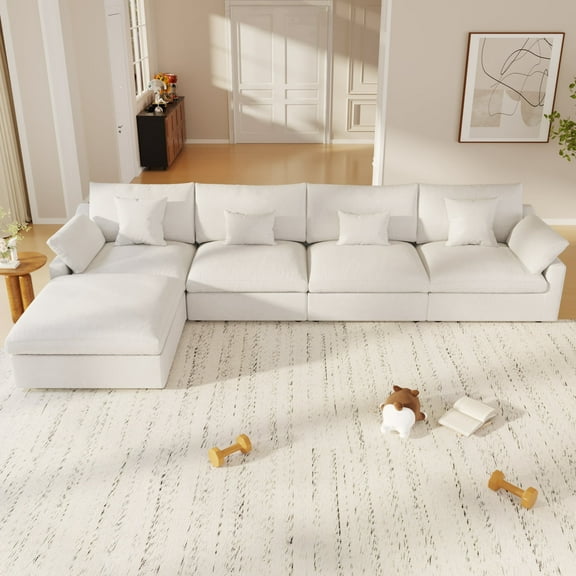 bokifol 156" Modern L-Shape Sectional Sofa,Linen Fabric Modular Couch,4 Seat Oversized Sofa with Ottoman for Living Room(Beige)