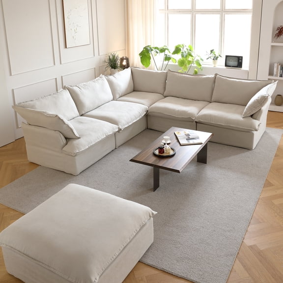 bokifol Modern Oversized Cloud Couch,Modular Sectional Sofa,6 Seater Convertible L-Shaped Sofas,2 Pillows and Storage Ottoman,Comfy Couches for Living Room,Beige