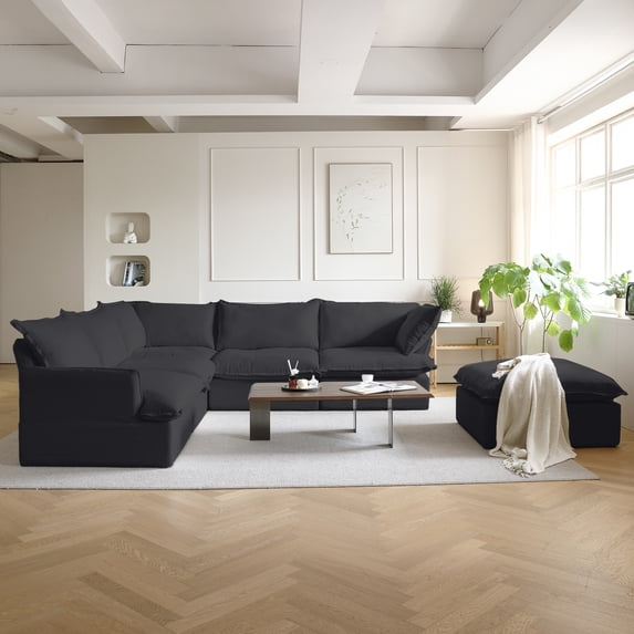 bokifol Modern Oversized Cloud Couch,Modular Sectional Sofa,6 Seater Convertible L-Shaped Sofas,2 Pillows and Storage Ottoman,Comfy Couches for Living Room,Black