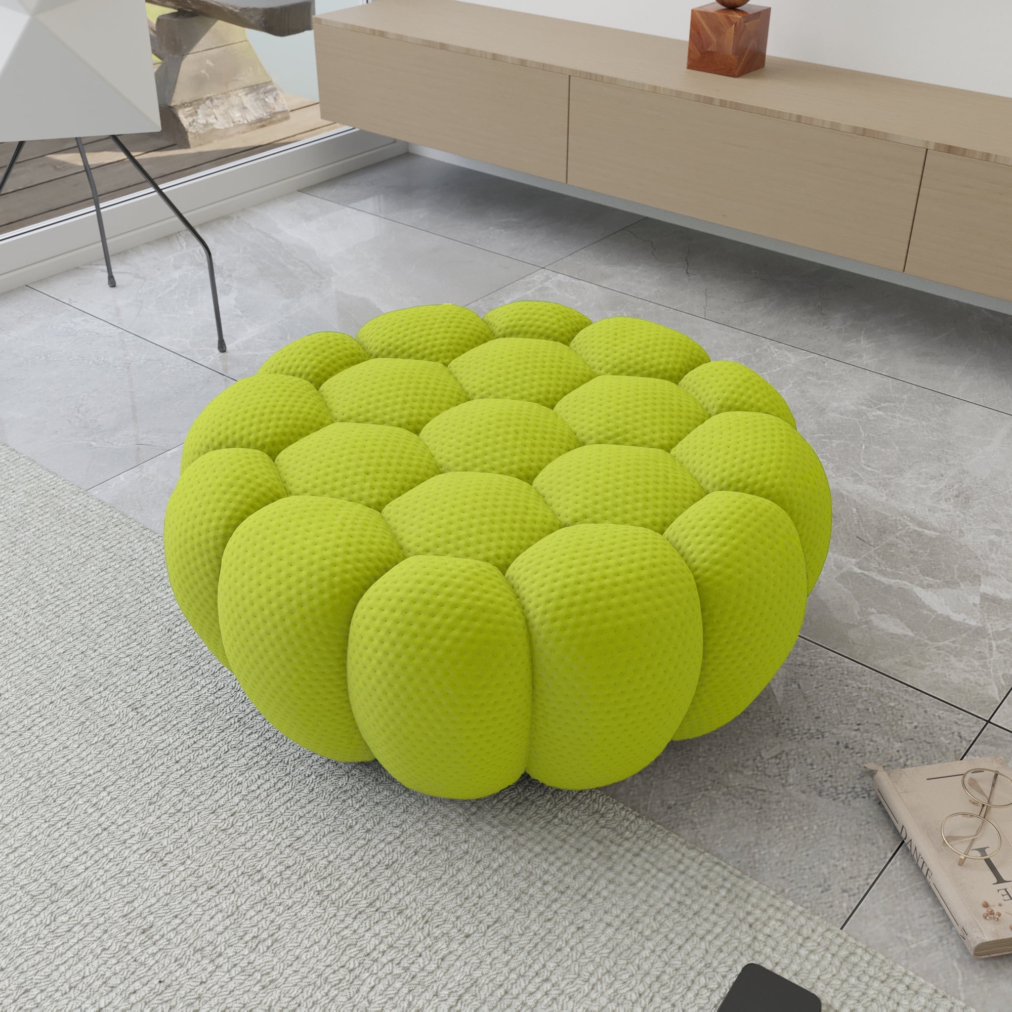 bokifol Modern Upholstered Mesh Lazy Floor Sofa,3D Honeycomb Shape Knit Fabric Sofa for Living Room,Office,Apartment,No-Assembly,Ottoman(Fluorescent Green)
