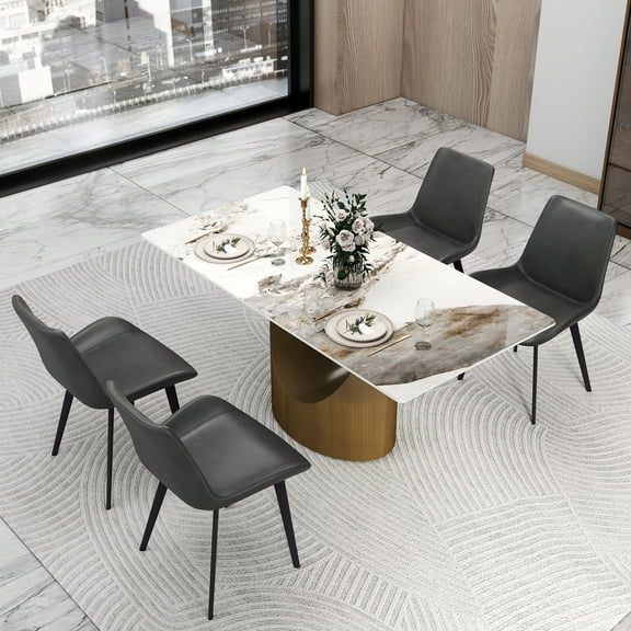 bokifol Rectangle Dining Table for 6,Kitchen Table for Dining Room,62.99" Dinning Room Table,Farmhouse Dinner Table with Rock Tabletop and U Base,White