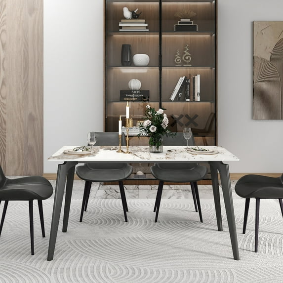 bokifol Rectangular Dining Table for 4-6 People,55.12" Dining Room Table with Metal Base,White Dinner Tables,Long Kitchen Tables for Dining Room,Kitchen,Living Room
