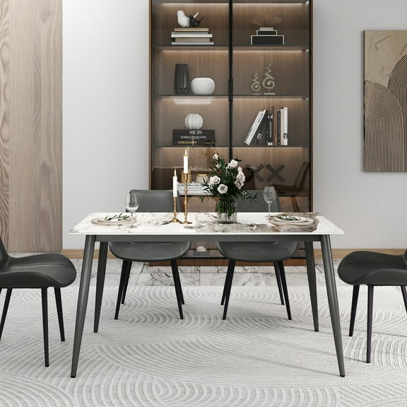 bokifol White Faux Marble Dining Table,55.12" Rectangle Modern Dinner Table for 6,Farmhouse Long Kitchen Table for Living Room with Sturdy Base,White