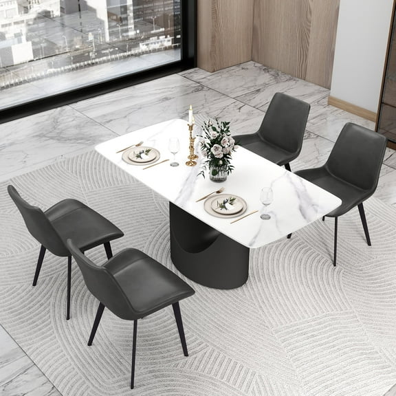 bokifol White Faux Marble Dining Table,63" Rectangle Modern Dinner Table for 6,Farmhouse Long Kitchen Table for Living Room with Sturdy Base,Snow-white