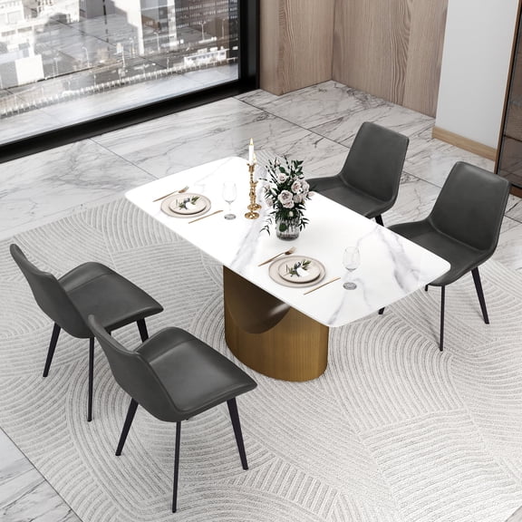bokifol White Faux Marble Dining Table,63" Rectangle Modern Dinner Table for 6,Farmhouse Long Kitchen Table for Living Room with Sturdy Base