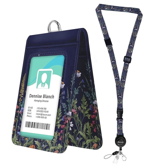 bolimoss Black Floral Leather Badges Holder with Double Sided Windows, Cute ID Name Badge Card Holder with Quick-Release Buckles & Adjustable Retractable Breakaway Neck Lanyard for Work Nurse Teacher