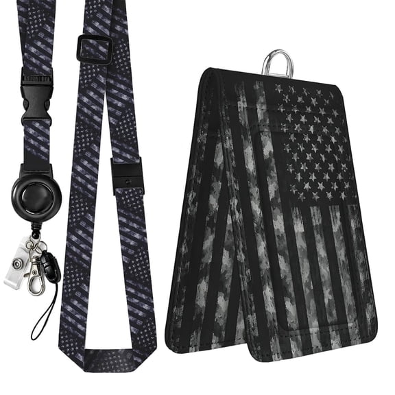 bolimoss Leather Badge Holder with Double Sided Windows,ID Badge Card Holder with Adjustable Retractable Lanyards,Breakaway Lanyards Quick Release Buckles for Women Offices Teacher,American Flag