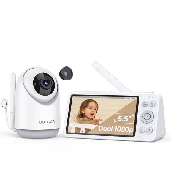 bonoch 1080P Baby Monitor No WiFi, 5.5" Screen Video Baby Monitor,Remote Control 355° Pan 115° Tilt, Night Vision, Local Storage