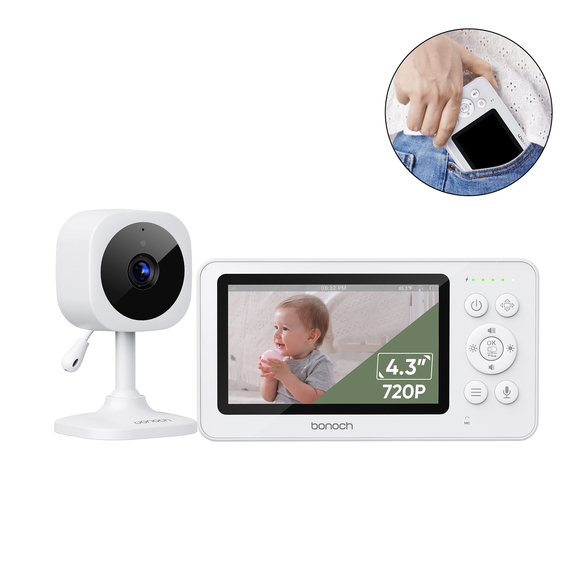 bonoch 720P 4.3" Baby Monitor with Camera and Audio, 4000mAh Battery Video Baby Monitor No WiFi, VOX Mode, 2 Way Audio, Auto Night Vision