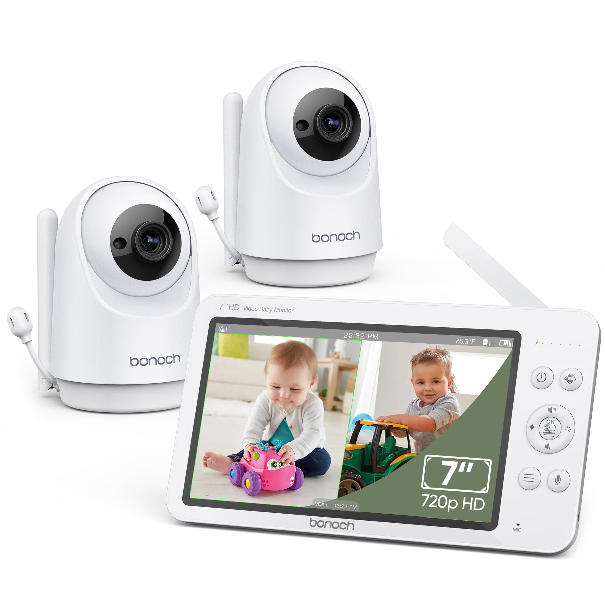 bonoch Baby Monitor with 2 Cameras 7″ 720P HD LCD Split Screen Video Audio, Auto Night Vision