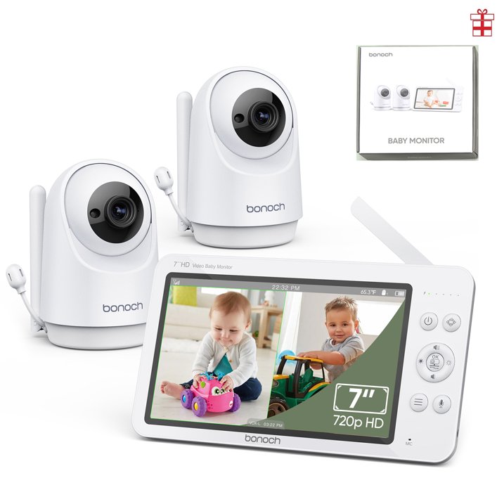 bonoch MegaView Baby Monitor with 2 Cameras 7" 720P HD LCD Split Screen Video Audio No WiFi Auto Night Vision - image 1 of 7