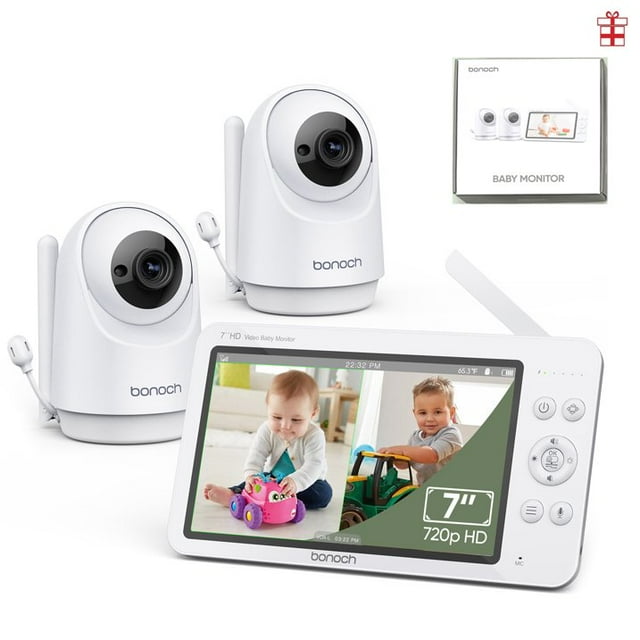 bonoch MegaView Baby Monitor with 2 Cameras 7" 720P HD LCD Split Screen Video Audio No WiFi Auto Night Vision
