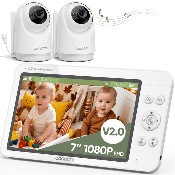 bonoch MegaView V2.0 7" 1080P Baby Monitor with 2 Cameras, Split Screen, No WiFi, Night Vision, 2-Way Audio