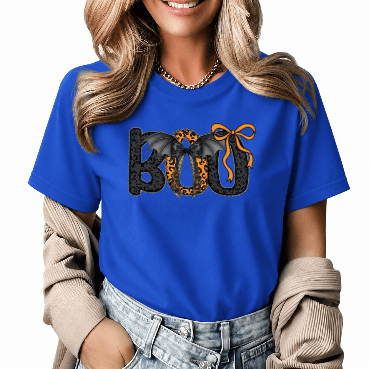 Ab Lettering Design boo Bow Short Sleeve Top Halloween Leopard Lettering Pumpkin Graphic ...