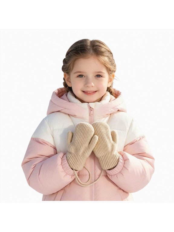 boobe 4-12 Years Girls Winter Knit Mittens with String, Warm Fleece Lined Mittens for Outdoor Activities