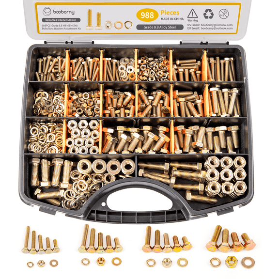 BOOBORNY 988pcs Grade 8.8 Metric Bolt Assortment, M4 M5 M6 M8 Heavy Duty Bolts and Nuts Kit, Yellow Zinc Plated, Length from 12-30mm