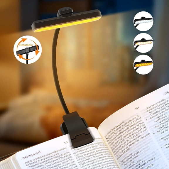 Behome Book Light, 24 LED Rechargeable Reading Light with 3 Color Temperatures and 5 Brightness Levels, Portable Clip on Reading Light for Reading in Bed, Black