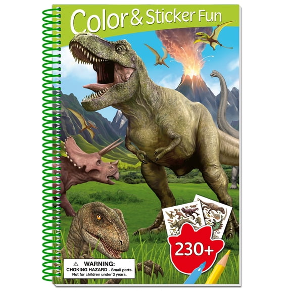 book 'n' app: Color & Sticker Fun - Dinosaurs - Spiralbound Book, Prehistoric Coloring Scenes, 230+ Reusable Stickers, 3D Lenticular Cover, Kids 4+