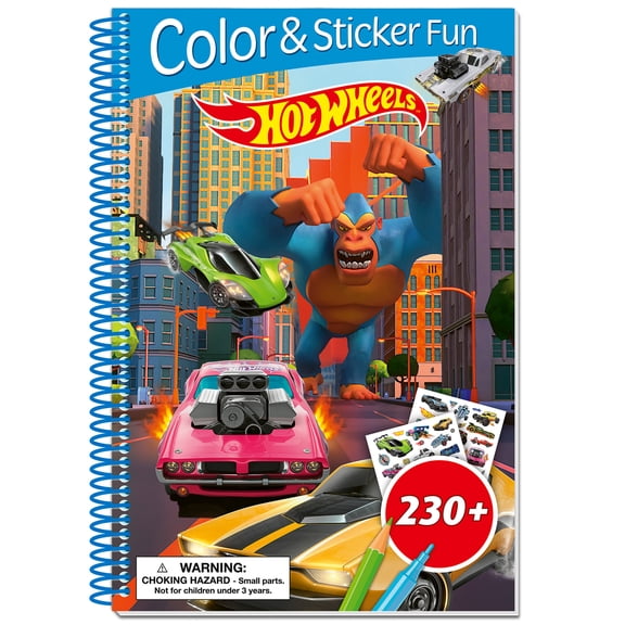 book 'n' app: Color & Sticker Fun - Hot Wheels - Spiralbound Book, Race Car Action Coloring Scenes, 230+ Reusable Vehicle Stickers, 3D Cover, Kids 4+