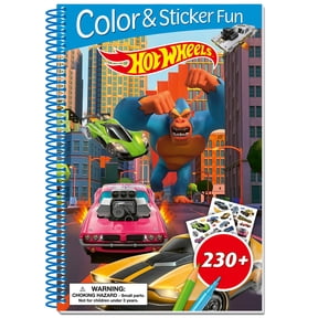 book 'n' app: Color & Sticker Fun - Hot Wheels - Spiralbound Book, Race Car Action Coloring Scenes, 230+ Reusable Vehicle Stickers, 3D Cover, Kids 4+