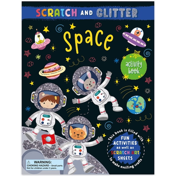 book 'n' app: Scratch & Glitter Activity Book - Space - 28 Pages, 4 Holographic Scratch Art Sheets, Solar System Craft Play, Wooden Stylus, Kids 4+