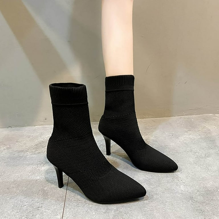 boots Women s Fashion Pointed Toe Thin Heel Simple Solid Color Comfortable Stretch Knit Overlay Ankle Boots Walmart