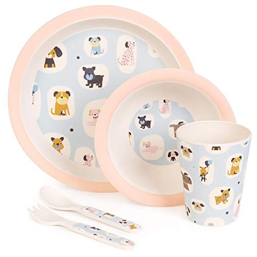 boppi 5-Piece Bamboo Eco Friendly Children?s Dinnerware and Cutlery Set for kids Toddlers with Dishwasher Safe and BPA Free Round Plate Fruit Cereal Bowl Juice Cup Beaker Fork and Spoon - Do