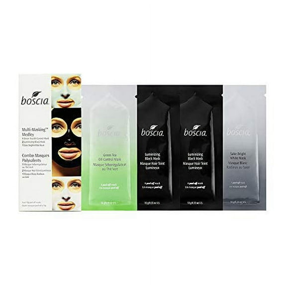 boscia MULTI-MASKING MEDLEY: 1 Green Tea Oil-Control Mask, 2 Luminizing Black Masks, 1 Sake Bright White Mask, 10g each