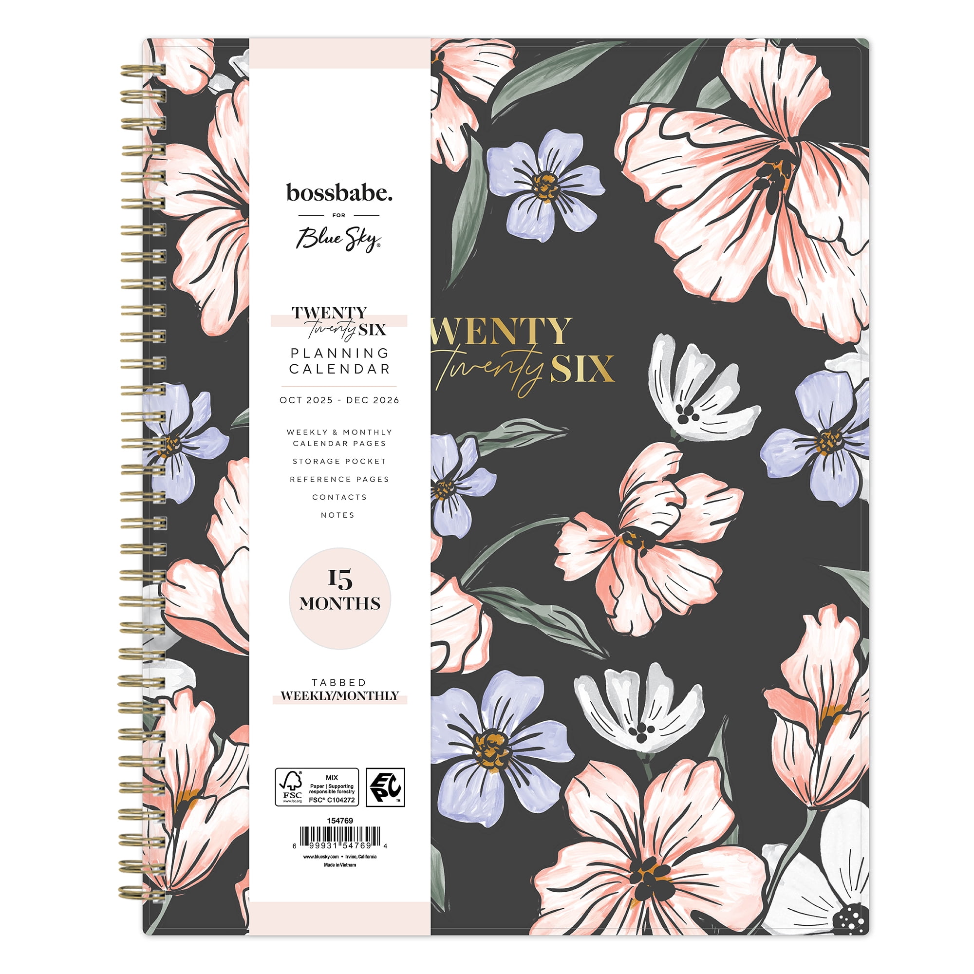 Bossbabe for Blue Sky Monthly Weekly Large Planner (8.5" x 11") Maria Dark 15-Month October 2025 - December 2026