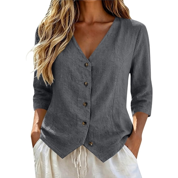 bovemsi Blouses for Women Dressy Casual Cotton Linen V Neck 3/4 Sleeve Button Down Color Shirts Cute Summer Tops