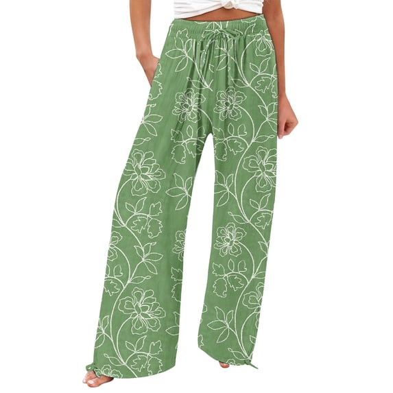 bovemsi Flowy Pants for Women High Waisted Printed Wide Leg Casual Pants Green Summer Outfits for Women XXL