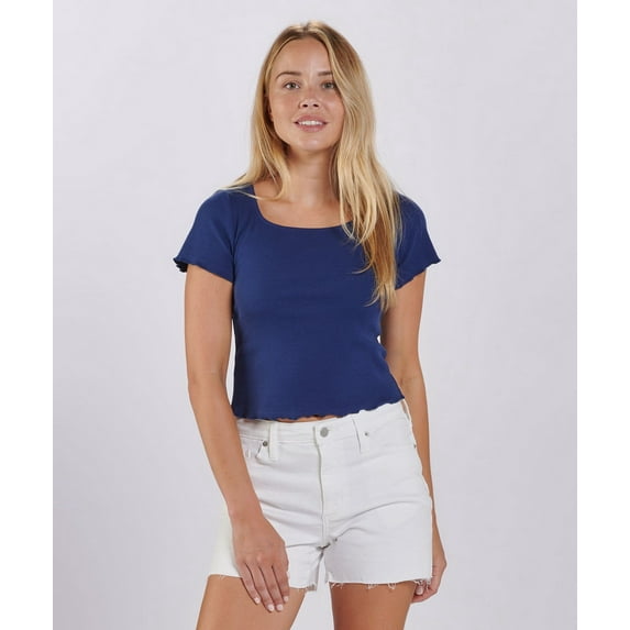 boxercraft Womens Baby Rib Top, Cotton Blend Short Sleeve Cropped Top, Easy Care, Navy-M