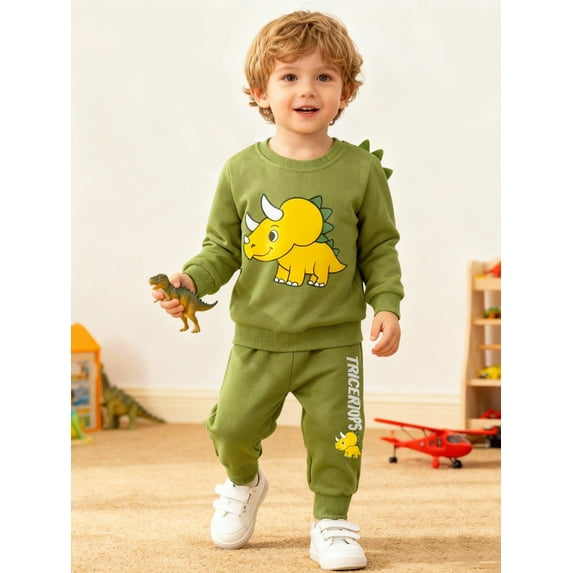 HILEELANG Toddler Boy(2-7Y) 2 Piece Cotton Pullover and Sweatpants Set with Dinosaur Applique, Green Fall Winter Clothes for Kids 5T