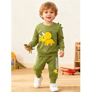 HILEELANG little Boy（2-7Y) 2 Piece Cotton Pullover and Sweatpants Set with Dinosaur Applique, Green Fall Winter Clothes for Kids 6T