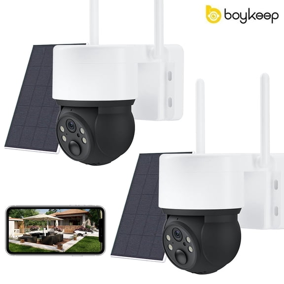boykeep 2.4G WIFI Solar Security Camera,360 View Wireless 3MP Outdoor Camera,IP66 Waterproof PIR Detection,Rechargeable Battery Powered Home Surveillance Cam with Color Night Vision 2-Way Audio 2PCS