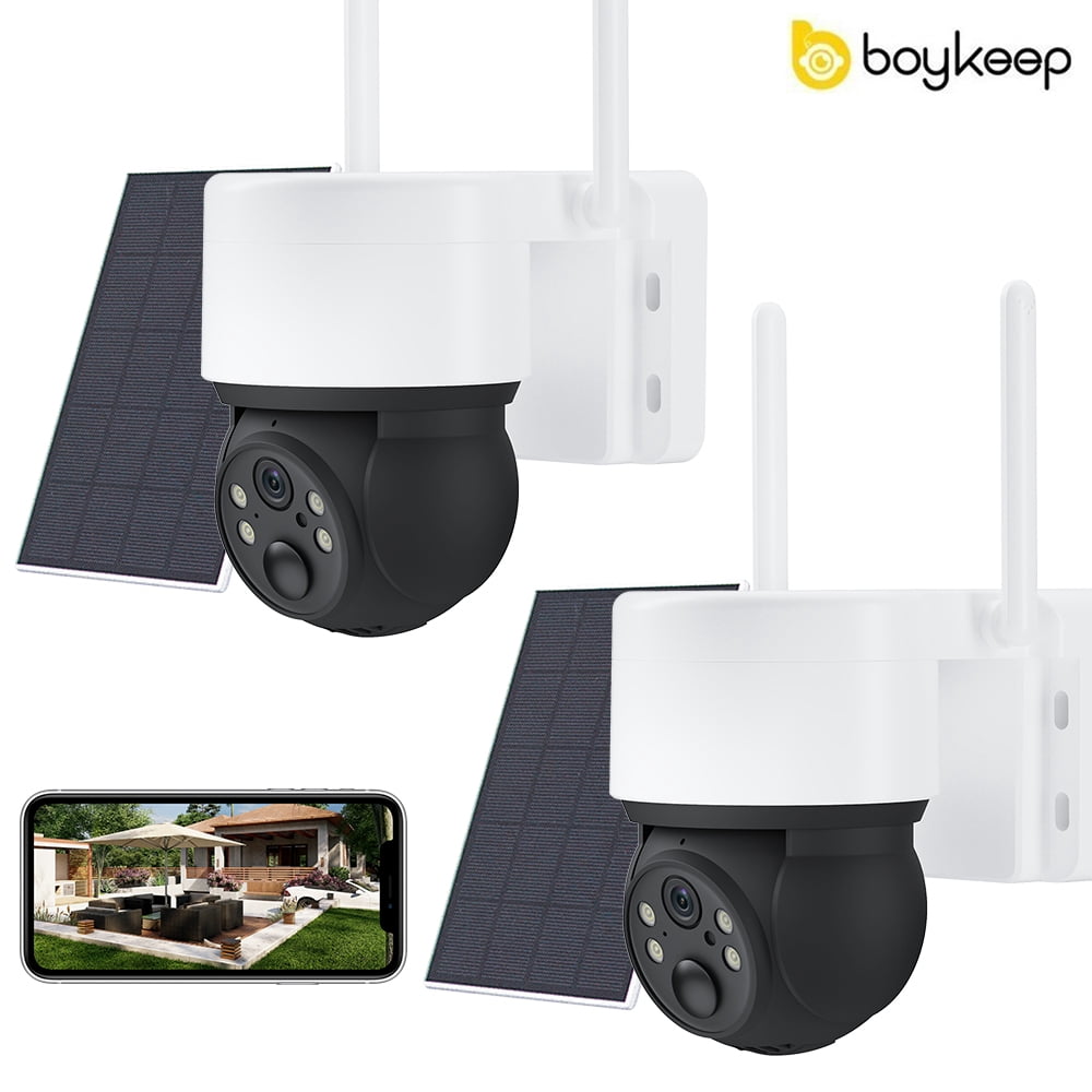 boykeep 2.4G WIFI Solar Security Camera,360° View Wireless 3MP Outdoor Camera,IP66 Waterproof PIR Detection,Rechargeable Battery Powered Home Surveillance Cam with Color Night Vision 2-Way Audio 2PCS
