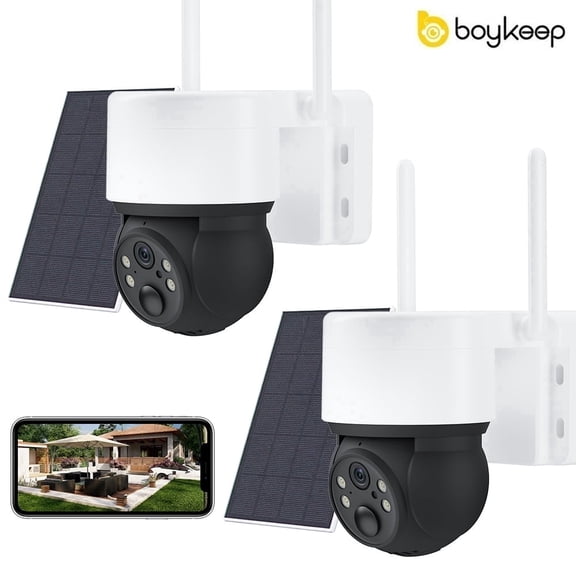 boykeep 2.4G WIFI Solar Security Camera,360 View Wireless 3MP Outdoor Camera,IP66 Waterproof PIR Detection,Rechargeable Battery Powered Home Surveillance Cam with Color Night Vision 2-Way Audio 2PCS