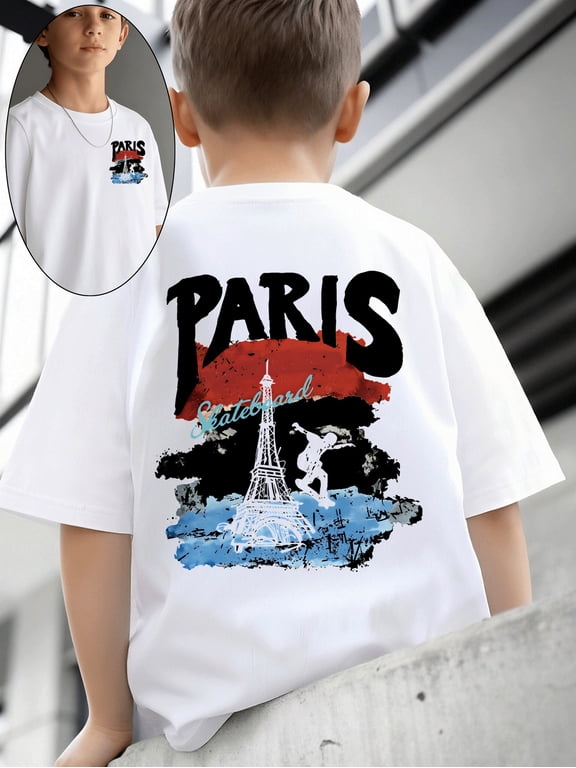 boys front and back printed t shirt paris skateboard action art sided round neck 100 short sleeve street style top fashionable summer daily wear in multiple co