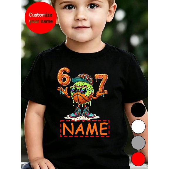 boys t shirt name customization cartoon basketball ice cream number 67 small character element pattern printing casual fashion round neck short sleeve gift top suitabl