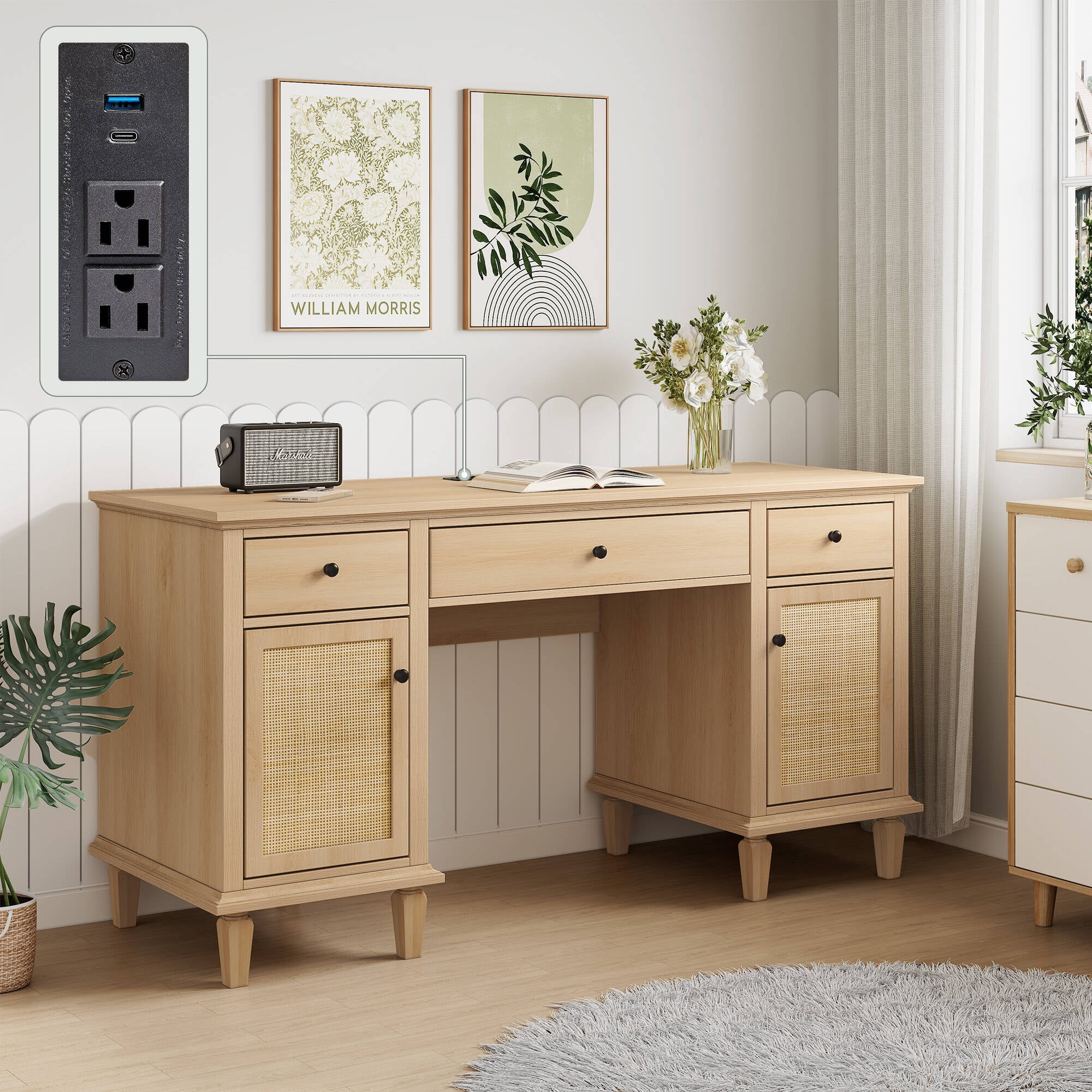 Brafabhome 58" Executive Desk with Power Outlets, Modern Study Writing Table with Drawers Wooden Computer Desk with large Laptop Space for Bedroom Home office | Beige