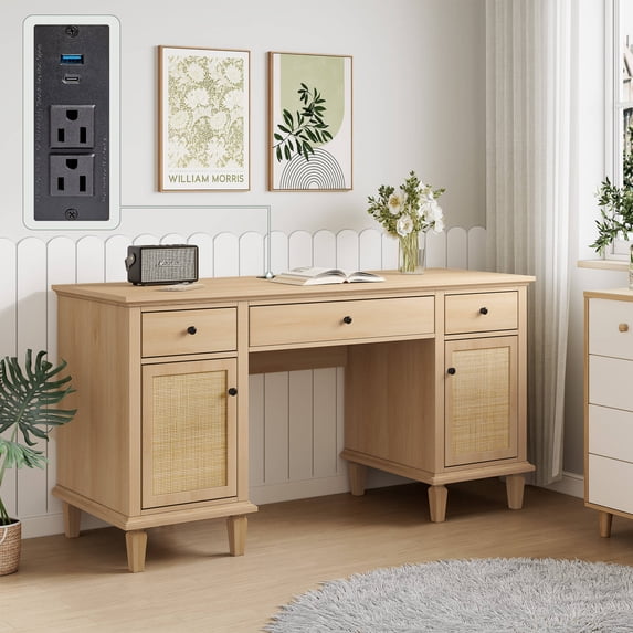 brafabhome 58in Executive Desk with Power Outlets, Modern Study Writing Table with 3 Drawers and 2 Cabinets, Beige