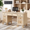 thumbnail image 1 of Brafabhome 58" Rattan Executive Desk with 7 Storage Drawers, Modern Study Writing Table Wooden Computer Desks with Charging Station for Home Office Bedroom | Beige, 1 of 7