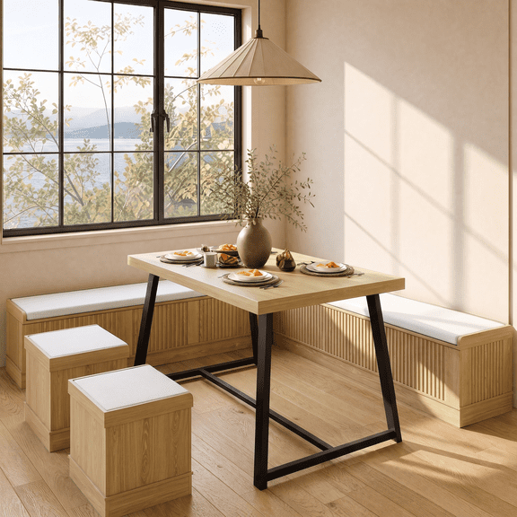 Brafabhome Corner Dining Table Set with Storage Bench, 6-Piece Breakfast Nook Table Set with Cushions Stool for Small Space Kitchen, Apartment & Dining Room, Natural